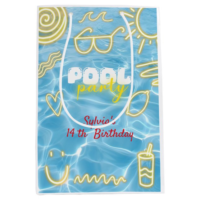 Pool summer neon vibes birthday party medium gift bag (Front)