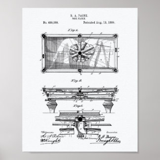 Pool Table 1889 Patent Art White Paper Poster