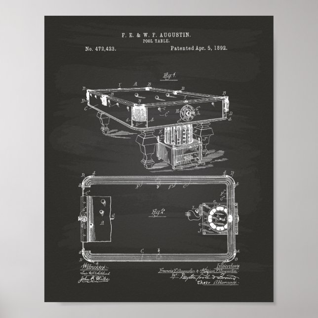 Pool Table 1892 Patent Art Chalkboard Poster (Front)