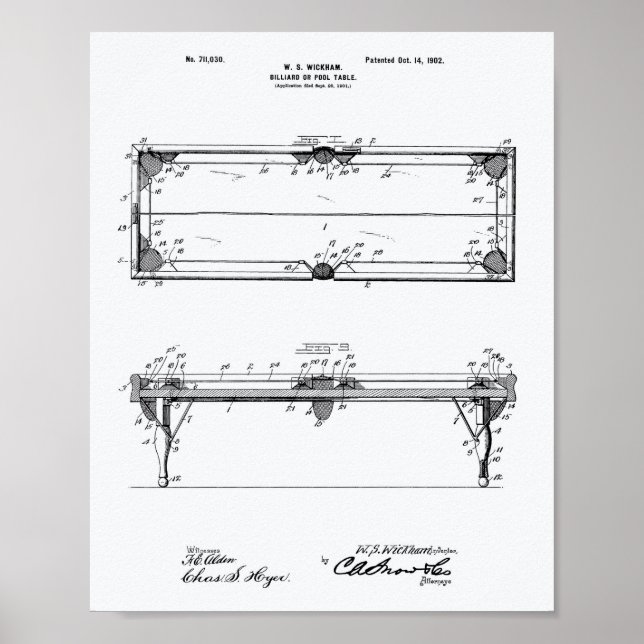 Pool Table 1902 Patent Art - White Paper Poster (Front)