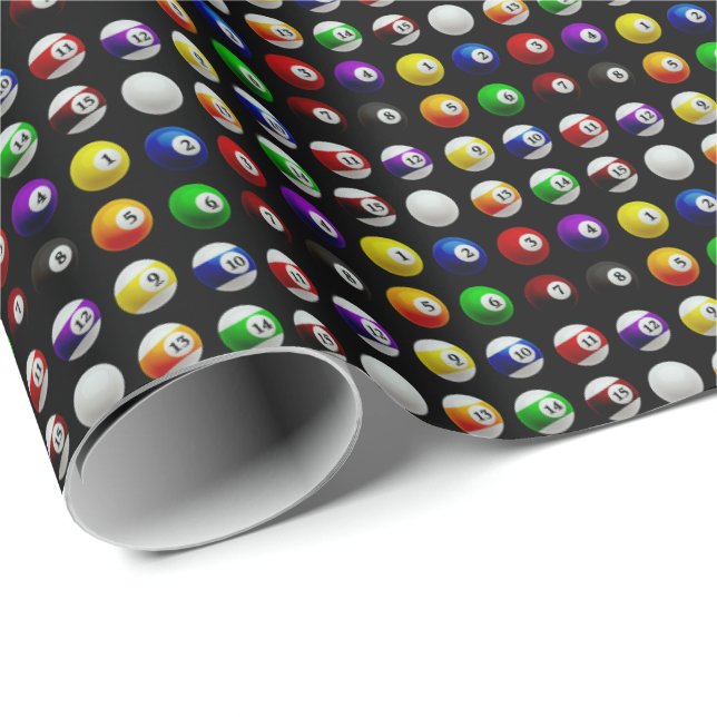 Pool Table Billiard Balls Pattern Black Wrapping Paper (Roll Corner)
