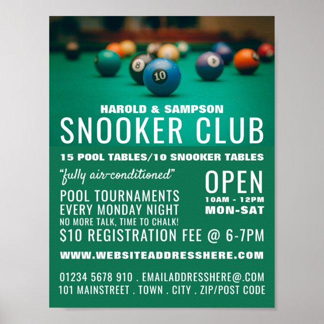 Pool Table, Pool Club, Snooker Club Advertising Poster (Front)
