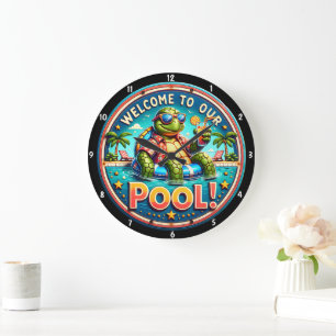 Pool-Themed Turtle Evoking Fun Relaxation Large Clock