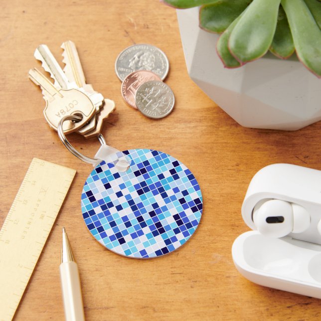 Pool Tiles, Blue Mosaic Tiles, Geometric Pattern Key Ring (Desk)