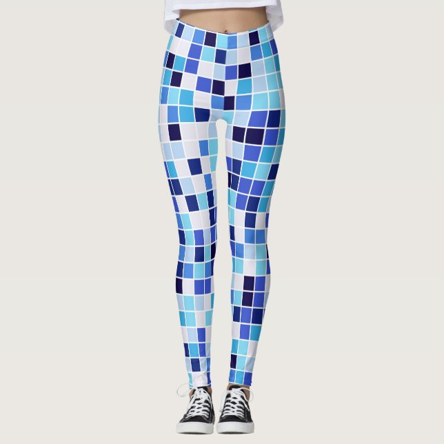 Pool Tiles, Blue Mosaic Tiles, Geometric Pattern Leggings (Front)