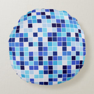 Pool Tiles, Blue Mosaic Tiles, Geometric Pattern Round Cushion