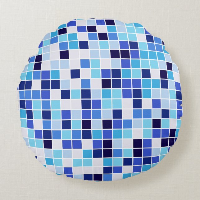Pool Tiles, Blue Mosaic Tiles, Geometric Pattern Round Cushion (Front)