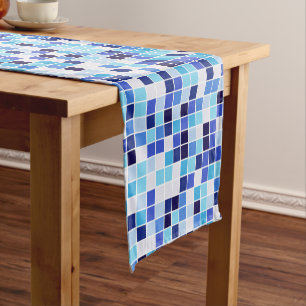 Pool Tiles, Blue Mosaic Tiles, Geometric Pattern Short Table Runner