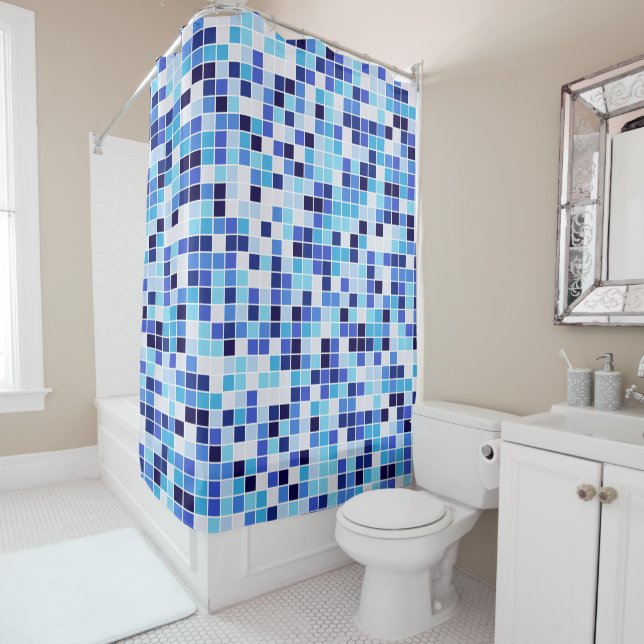 Pool Tiles, Blue Mosaic Tiles, Geometric Pattern Shower Curtain (In Situ)
