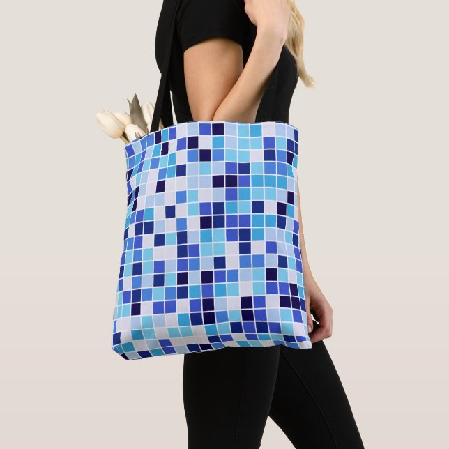 Pool Tiles, Blue Mosaic Tiles, Geometric Pattern Tote Bag (Close Up)