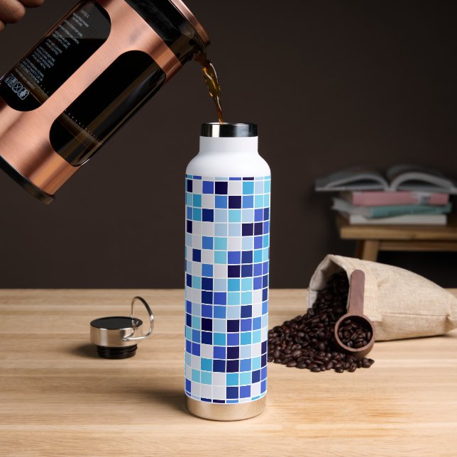 Pool Tiles, Blue Mosaic Tiles, Geometric Pattern Water Bottle (Coffee)