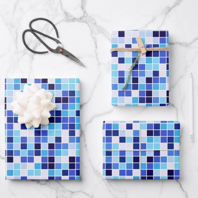 Pool Tiles, Blue Mosaic Tiles, Geometric Pattern Wrapping Paper Sheet (Front)