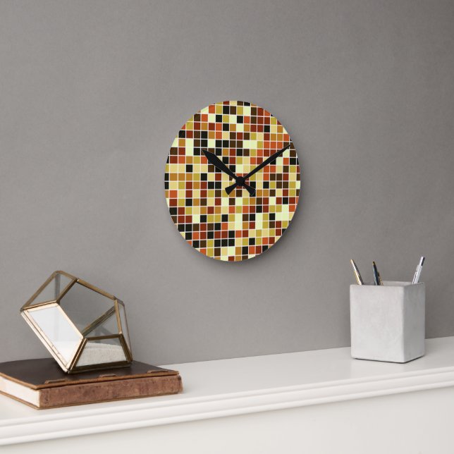 Pool Tiles, Brown Mosaic Tiles, Geometric Pattern Round Clock (Office)