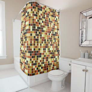 Pool Tiles, Brown Mosaic Tiles, Geometric Pattern Shower Curtain