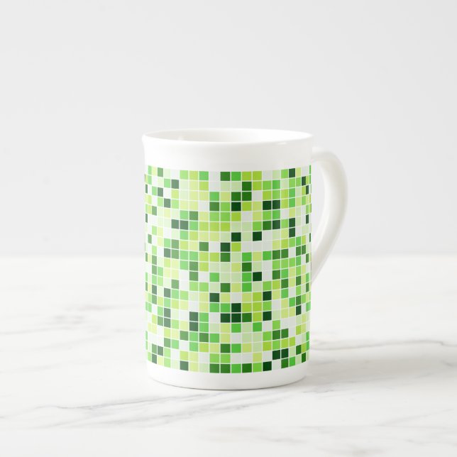 Pool Tiles, Green Mosaic Tiles, Geometric Pattern Bone China Mug (Front Right)