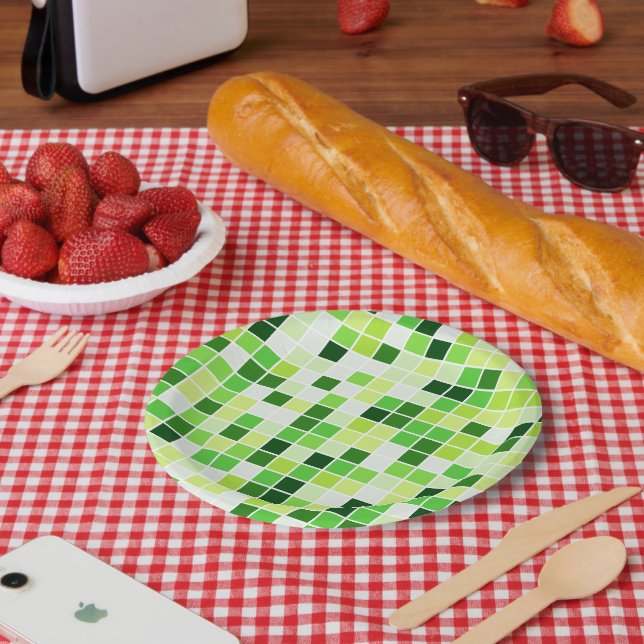 Pool Tiles, Green Mosaic Tiles, Geometric Pattern Paper Plate (Picnic)