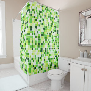 Pool Tiles, Green Mosaic Tiles, Geometric Pattern Shower Curtain