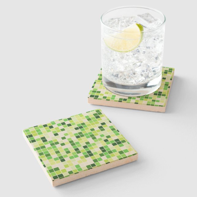 Pool Tiles, Green Mosaic Tiles, Geometric Pattern Stone Coaster (Side)