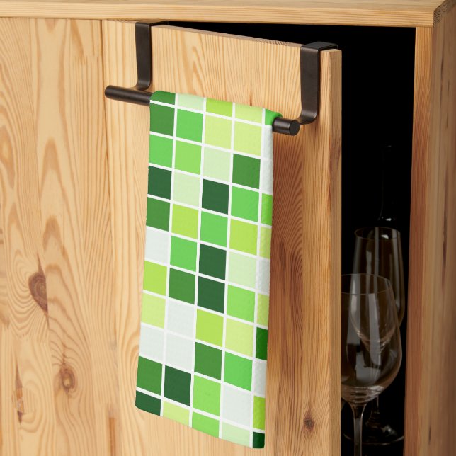 Pool Tiles, Green Mosaic Tiles, Geometric Pattern Tea Towel (Thirds Fold)