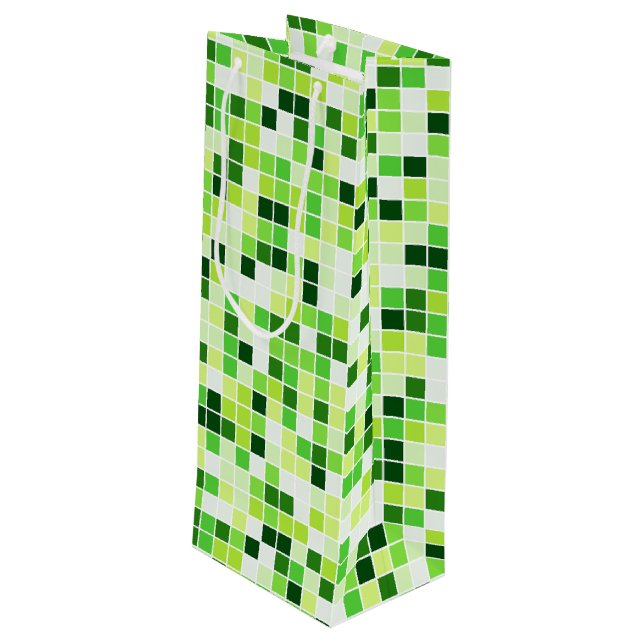 Pool Tiles, Green Mosaic Tiles, Geometric Pattern Wine Gift Bag (Back Angled)