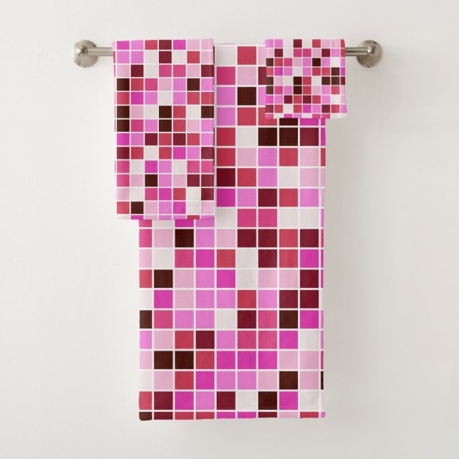 Pool Tiles, Pink Mosaic Tiles, Geometric Pattern Bath Towel Set (Insitu)