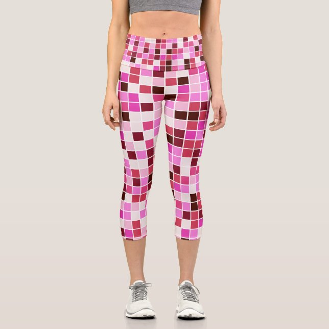 Pool Tiles, Pink Mosaic Tiles, Geometric Pattern Capri Leggings (Front)