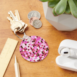 Pool Tiles, Pink Mosaic Tiles, Geometric Pattern Key Ring