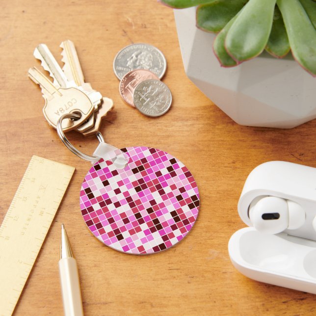 Pool Tiles, Pink Mosaic Tiles, Geometric Pattern Key Ring (Desk)