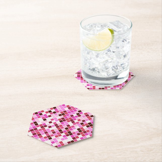Pool Tiles, Pink Mosaic Tiles, Geometric Pattern Paper Coaster (Insitu)