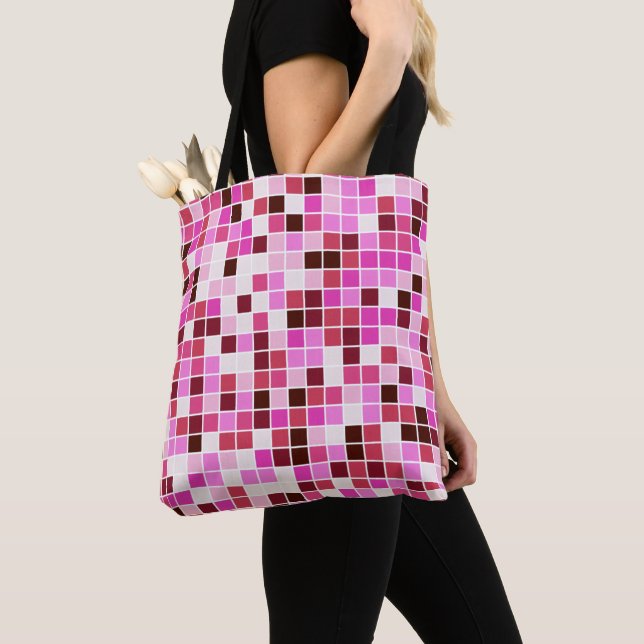 Pool Tiles, Pink Mosaic Tiles, Geometric Pattern Tote Bag (Close Up)