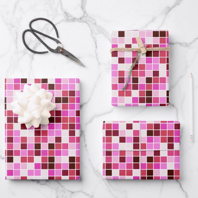 Pool Tiles, Pink Mosaic Tiles, Geometric Pattern Wrapping Paper Sheet (Front)