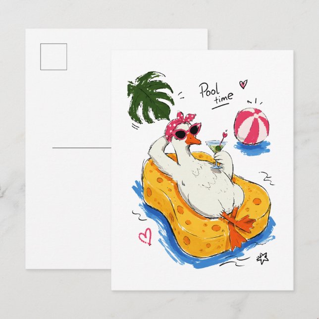 Pool Time Funny Duck with Sunglasses & Cocktail Postcard (Front/Back)