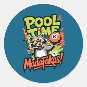 Pool time madafakas funny racoon billiards player classic round sticker