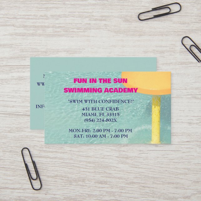 Pool Water Swimming Lessons  Business Card (Front/Back In Situ)
