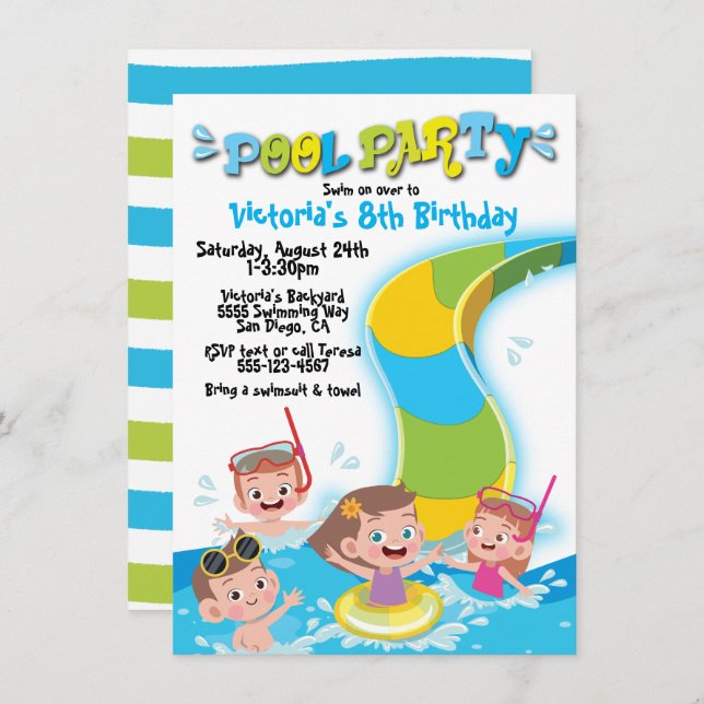 Pool Waterslide Birthday Party Invitation (Front/Back)