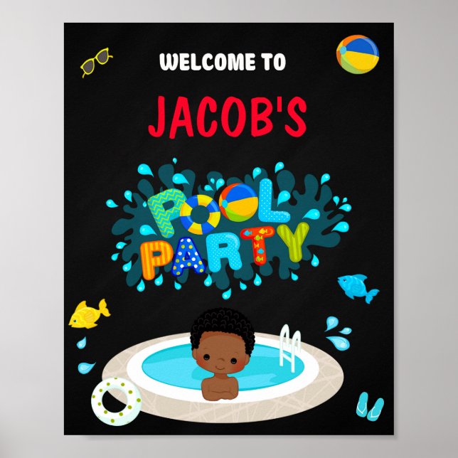 Pool welcome party sign Boy splish splash swim fun (Front)