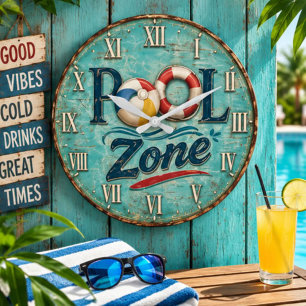 Pool Zone Vintage Poolside Beach House Large Clock