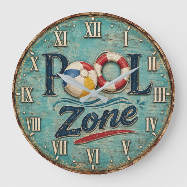 Pool Zone Vintage Poolside Beach House Large Clock (Front)
