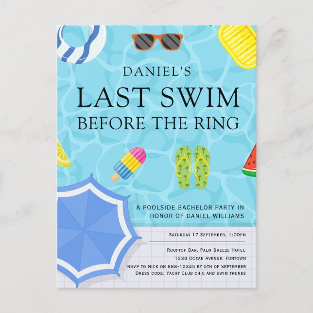 Poolside Bachelor Party Invitation Postcard (Front)