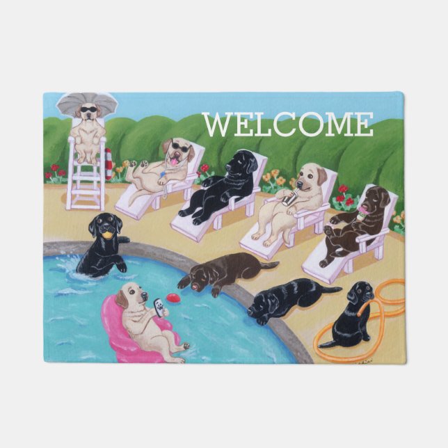 Poolside Party Labradors Painting Doormat (Front)