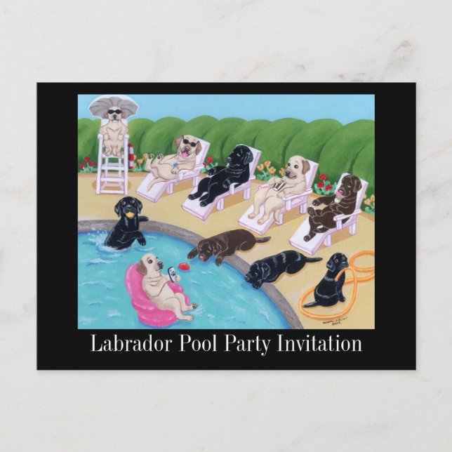 Poolside Party Labradors Painting Invitation Postcard (Front)