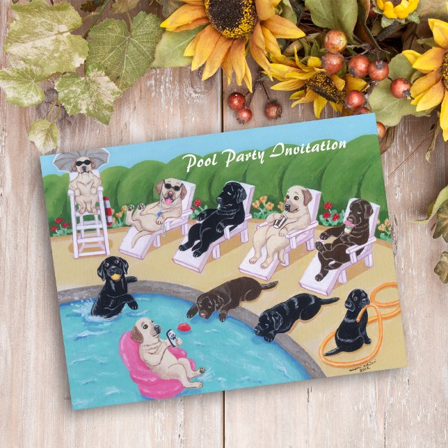 Poolside Party Labradors Painting Invitation Postcard (Poolside Party Labradors Painting Invitation Postcard for Labrador Owners.  Enjoy pool party!!)