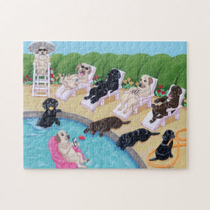 Poolside Party Labradors Painting Jigsaw Puzzle