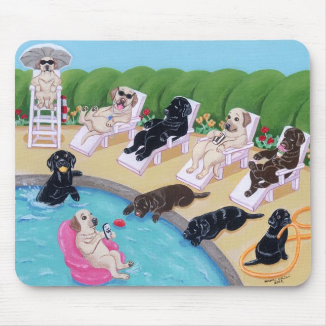 Poolside Party Labradors Painting Mouse Pad (Front)