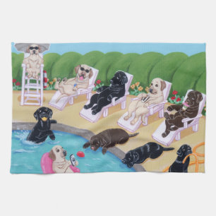 Poolside Party Labradors Painting Tea Towel