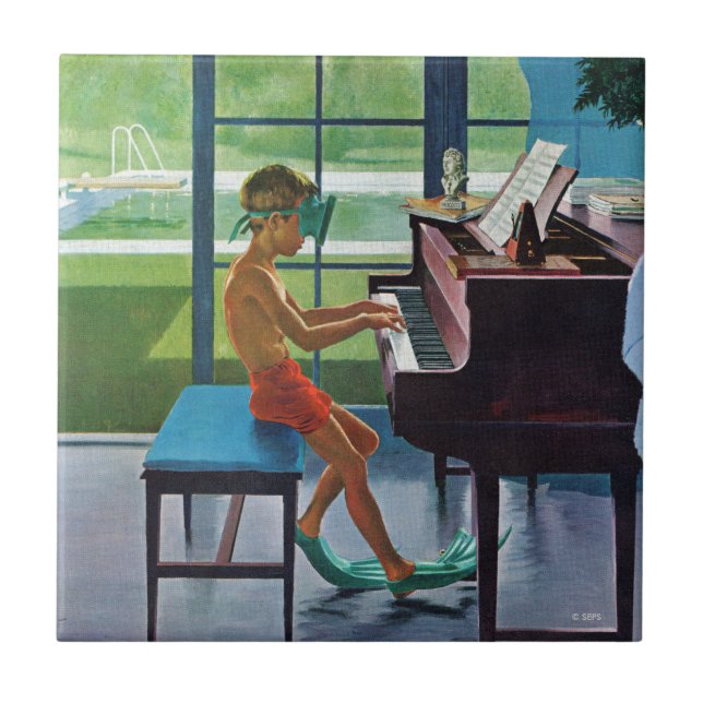 Poolside Piano Practice Ceramic Tile (Front)