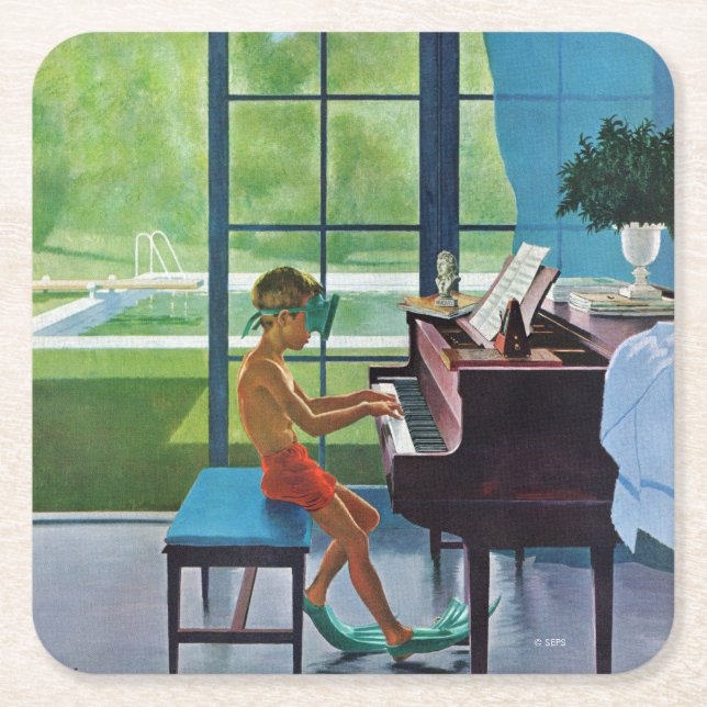 Poolside Piano Practice Square Paper Coaster (Front)