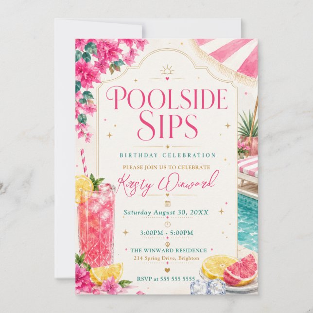 Poolside Sips Tropical Birthday Party Invitation (Front)
