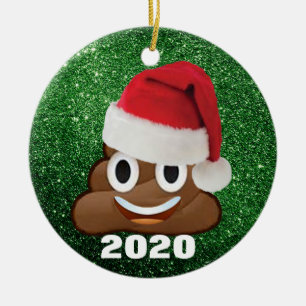 Poop Emoji Santa Hat Green Glitter 2020 Christmas Ceramic Ornament