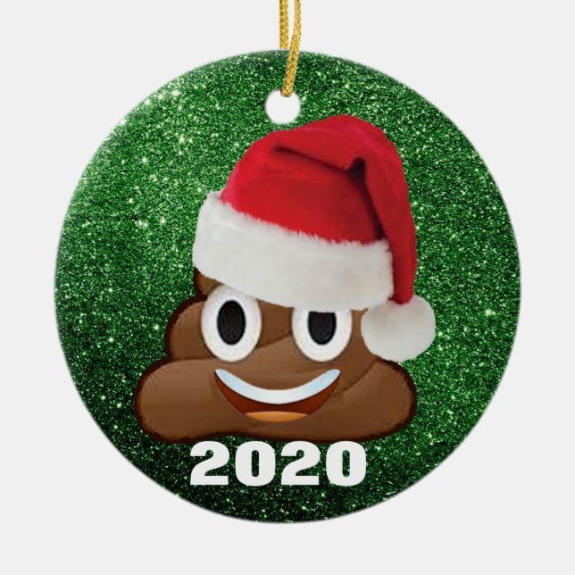 Poop Emoji Santa Hat Green Glitter 2020 Christmas Ceramic Ornament (Front)